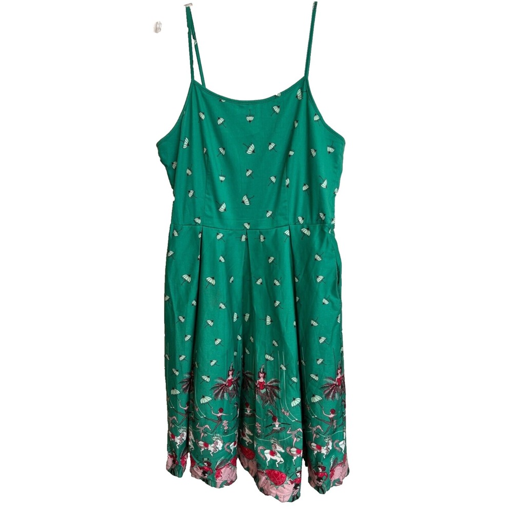 Lindy Bop Evelyn Strap Dress US 12 Green Circus Horses Swing Fit Flare Cotton
